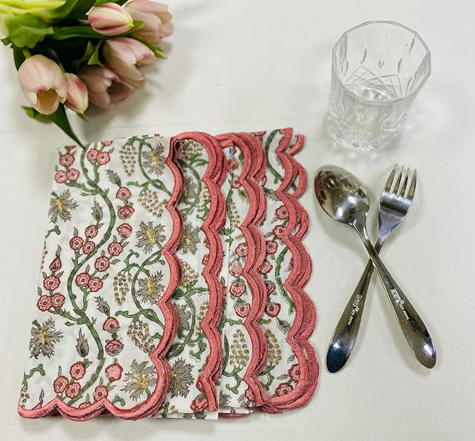 Ridhi Coral Pink Hand Block Print Napkins 18" x 18" Set of 4 Reusable Cotton - Image 9