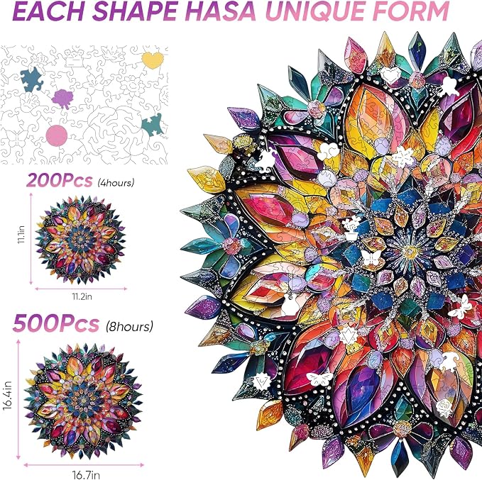 Puzzles for Adults Diamond Mandala Wooden Puzzles, 200 Pieces Unique Shaped - Image 3