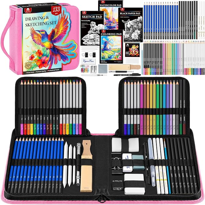 133 PCS Art Supplies Sketching Kit, Pro Drawing Pencils by Vigorfun