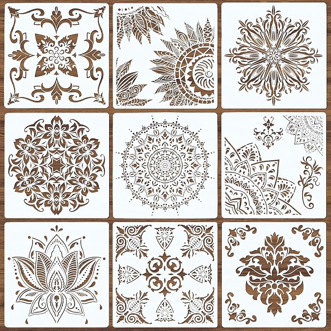 9 Pack Large Reusable Stencil Mandala Stencil Laser Cut Painting Template by HTAIER
