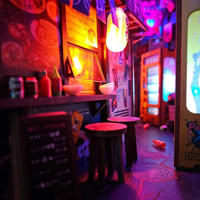 Neo Ramen MiniAlley DIY Cyberpunk Book Nook Kit – Wooden Diorama - Image 6