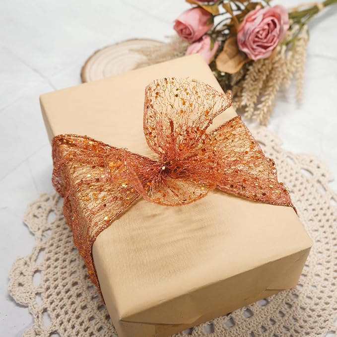 CT CRAFT LLC Sparkling Glitter Mesh Wired Ribbon 6" x 10 Yards Bronze Orange - Image 5