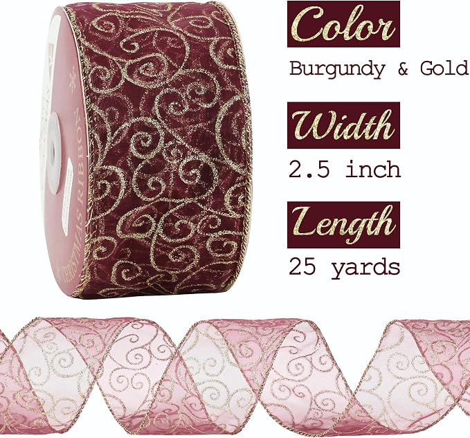 MEEDEE Red Gold Swirl Wired Ribbon 2.5 Inch Dark Red Sheer Ribbon - Image 2