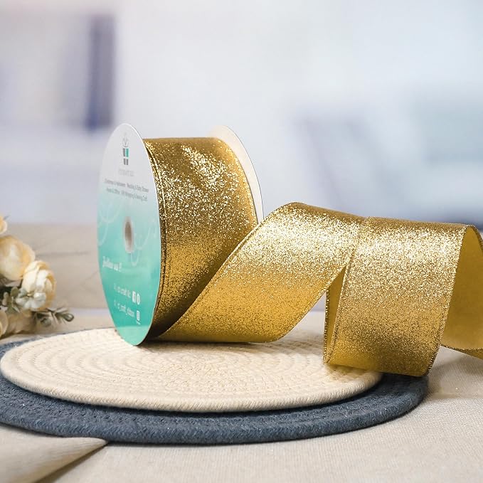 CT CRAFT LLC Glitter Wired Ribbon 2.5" x 20 Yards Yellow Gold - Image 4
