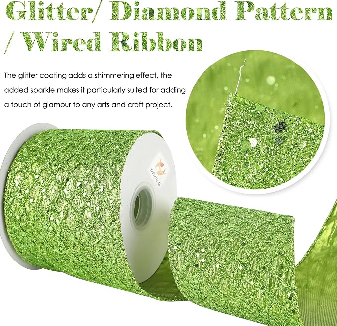 HUIHUANG Lime Green Glitter Wired Ribbon - Image 3