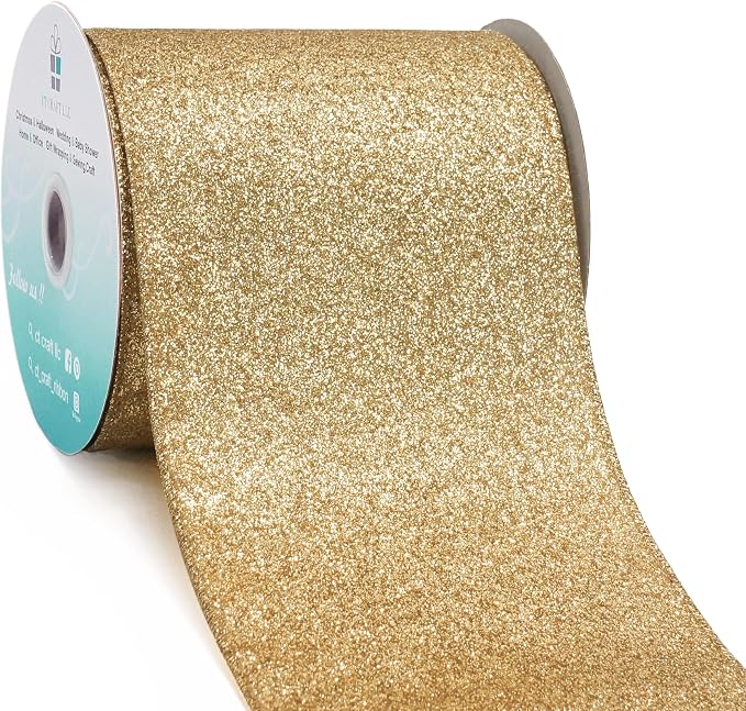 CT CRAFT LLC Glitter Wired Ribbon 4" x 10 Yards Light Gold by CTCRAFTLLC