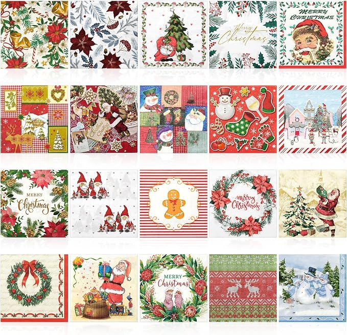Crtiin 20 Pack Assorted Christmas decoupage napkins Santa Snowman Tree Napkins by Crtiin
