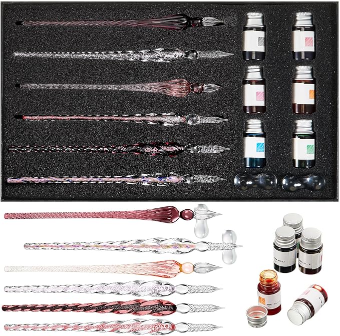 Zonon Glass Dipped Pen Ink Set 14 Pcs Include 6 Pcs Glass Dip Pen, 6 Colorful by Zonon