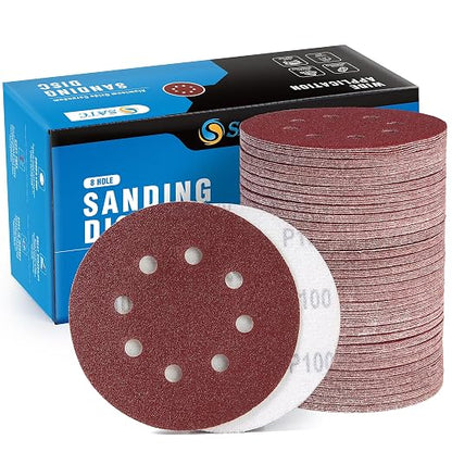 S SATC 150 Pcs Hook and Loop Adhesive Sanding Discs 5 Inch 8 Hole Sandpaper 100 by SSATC