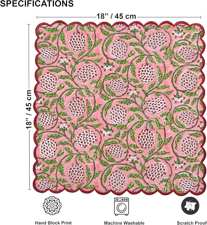 Ridhi Strawberry Pink Hand Block Print Napkins 18" x 18" Set of 4 Reusable - Image 3