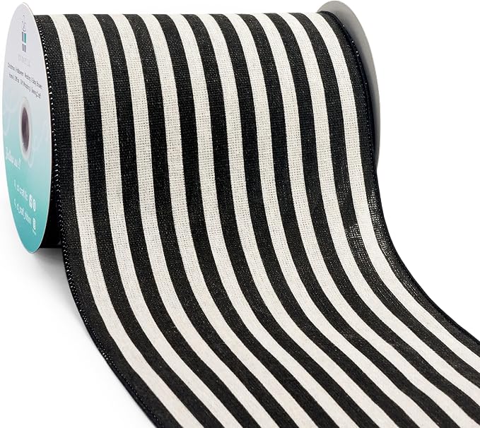 CT CRAFT LLC Striped Canvas Cotton Ribbon 6" x 10 Yards Ivory/Black Stripes by CTCRAFTLLC