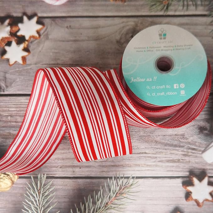 CT CRAFT LLC Red and White Stripe Wired Ribbon – 2.5" Wide x 10 Yards Long - Image 4