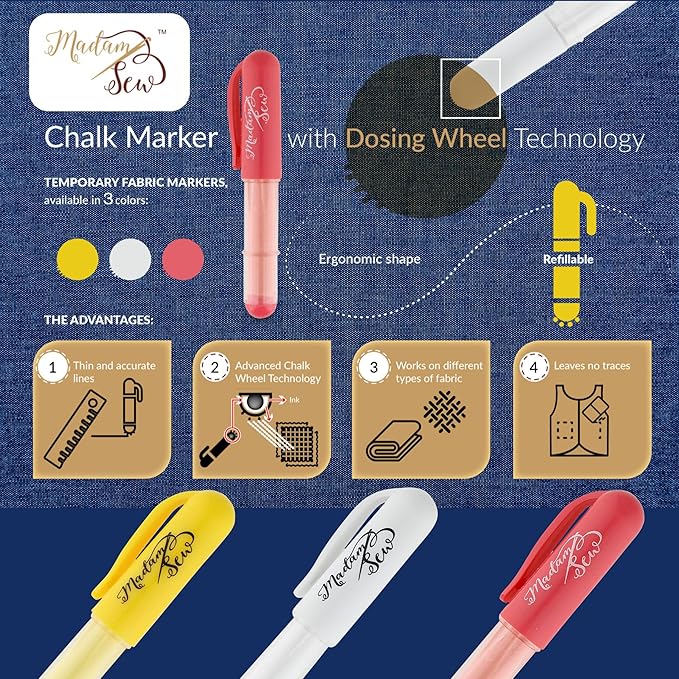 Madam Sew Fabric Chalk Markers for Sewing & Quilting | Refillable Tailors Chalk - Image 2