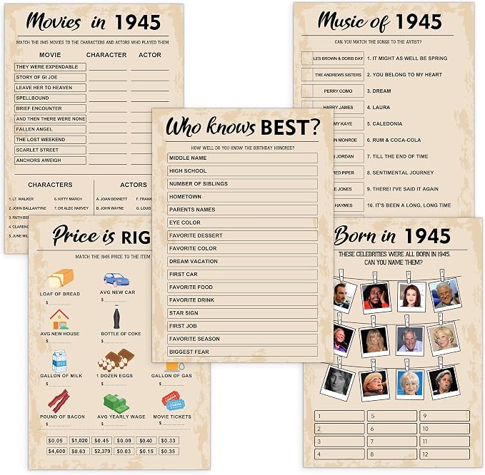 80th Birthday Party Games, Born in 1945 Games Bundle, Birthday Party Supplies by QUPT