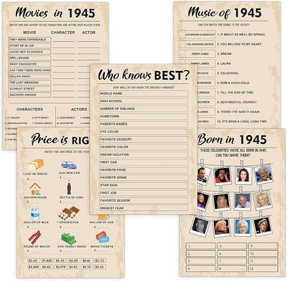 80th Birthday Party Games, Born in 1945 Games Bundle, Birthday Party Supplies by QUPT