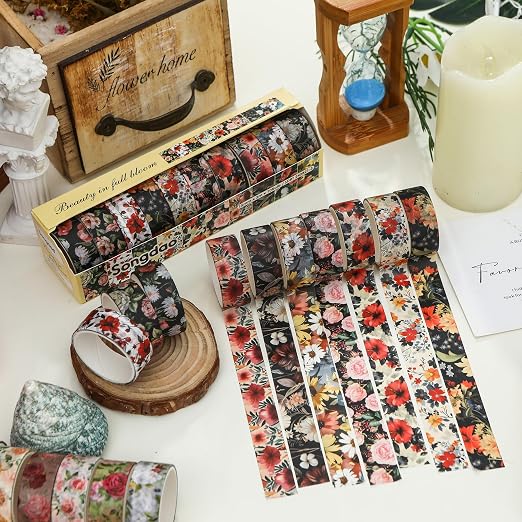 10 Rolls Blooming Flowers Washi Tape Set Floral Arts Adhesive Tapes Colorful - Image 3