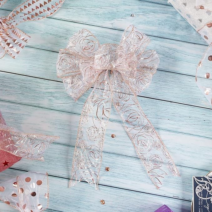 MEEDEE Floral Rose Wired 2.5 Inch Rose Gold Organza Sheer Ribbon, Wedding - Image 5