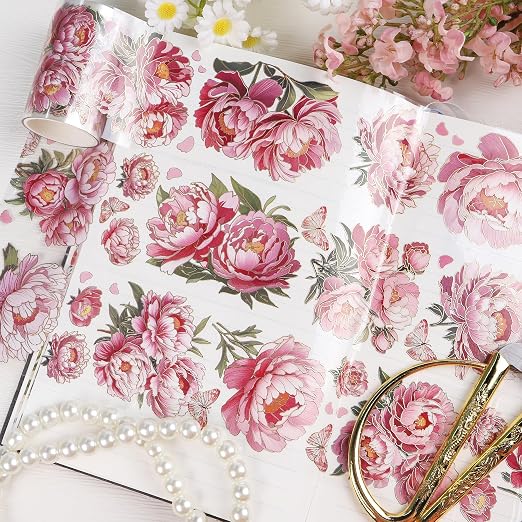 PET Tapes - Pink Flower Scrapbook Supplies, Transparent Floral Tapes - Image 3