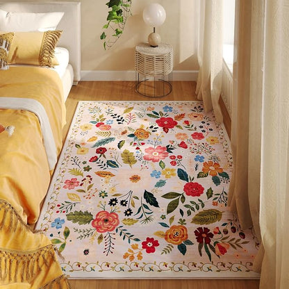 Rugcomf Bedroom Rug 3x5 Rug Washable Area Rug Non Slip Low Pile Boho Floral by Rugcomf