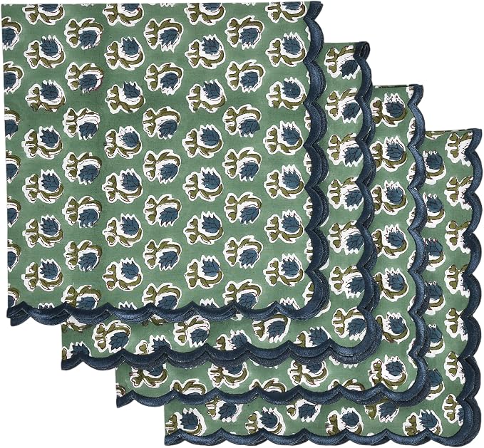 Ridhi Basil GreenHand Block Print Napkins 18" x 18" Set of 4 Reusable Cotton by Ridhi