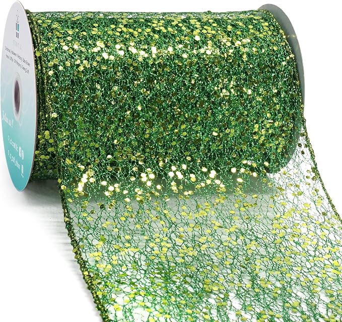 CT CRAFT LLC Sparkling Glitter Mesh Wired Ribbon 6" x 10 Yards Green by CTCRAFTLLC