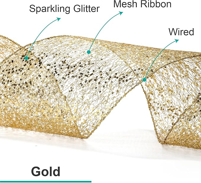 CT CRAFT LLC Sparkling Glitter Mesh Wired Ribbon 6" x 10 Yards Gold - Image 3