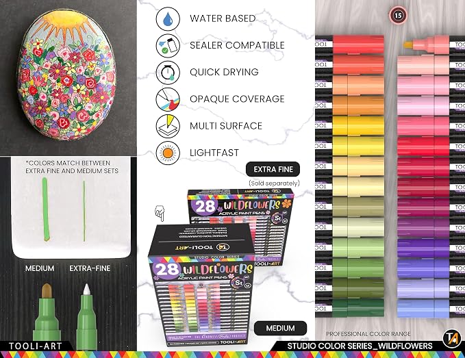 28 Wildflower Colors Acrylic Paint Pens Studio Color Series Markers Set 3mm - Image 5