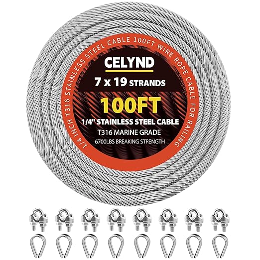 Stainless Steel Cable for Railing - 100FT 1/4" T316 Wire Rope - 7 x 19 Strands by CELYND