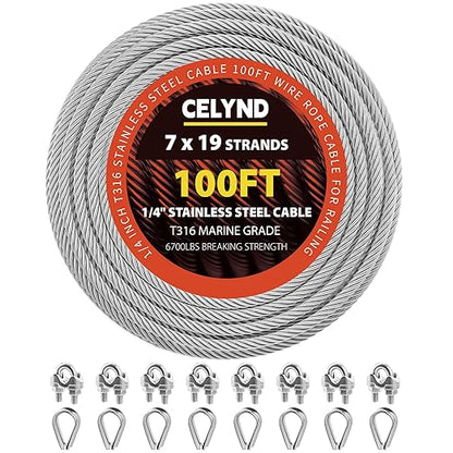 Stainless Steel Cable for Railing - 100FT 1/4" T316 Wire Rope - 7 x 19 Strands by CELYND