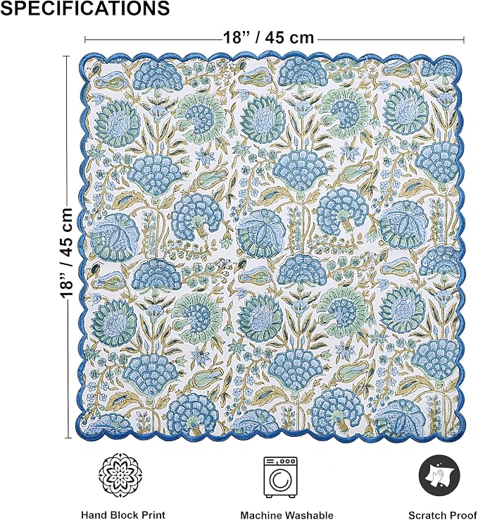 Ridhi Asparagus GreenHand Block Print Napkins 18" x 18" Set of 4 Reusable - Image 7