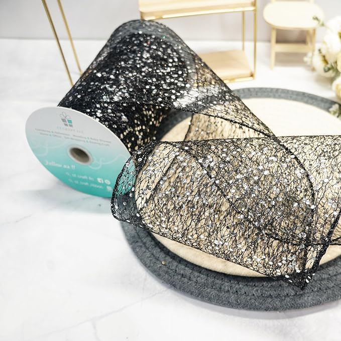 CT CRAFT LLC Sparkling Glitter Mesh Wired Ribbon 6" x 10 Yards Black - Image 4