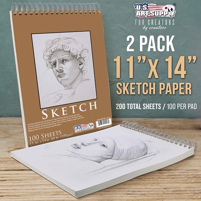 U.S. Art Supply 11"x14" Top Spiral Bound Sketch Book, 2 Pack, 100 Sheets Each - Image 2