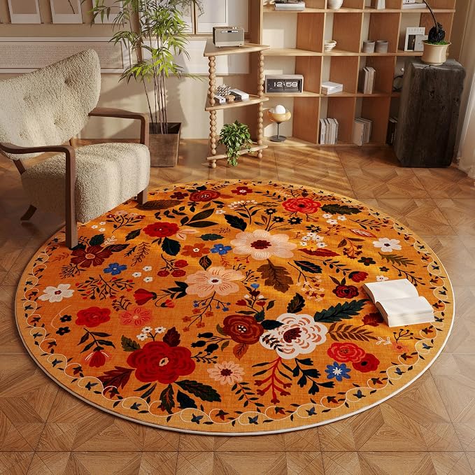 Rugcomf Round Rug 6ft Washable Circle Rug Non Slip Low Pile Boho Floral Small by Rugcomf