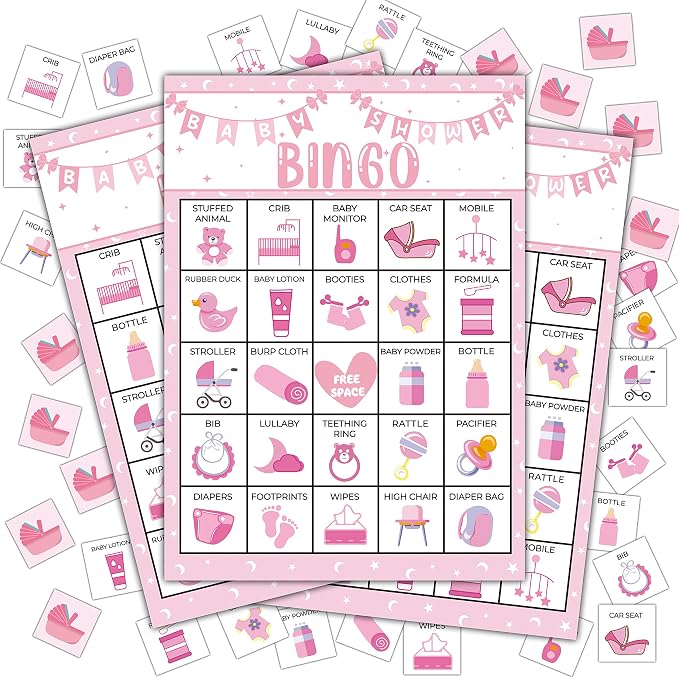 Pink Shower Party Bingo Cards, Shower Bingo Game, Shower Party Games by Disfuco