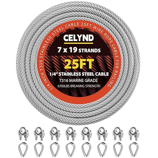Stainless Steel Cable for Railing - 25FT 1/4" T316 Wire Rope - 7 x 19 Strands by CELYND