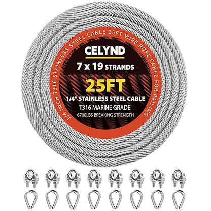 Stainless Steel Cable for Railing - 25FT 1/4" T316 Wire Rope - 7 x 19 Strands by CELYND