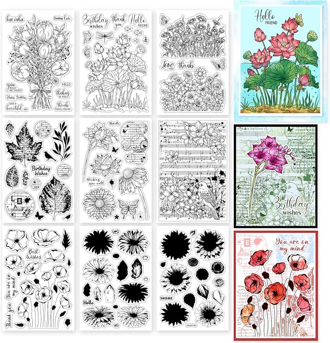 ORIGACH 9 Sheets Plants and Flowers Clear Stamps Silicone Transparent Stamps by ORIGACH