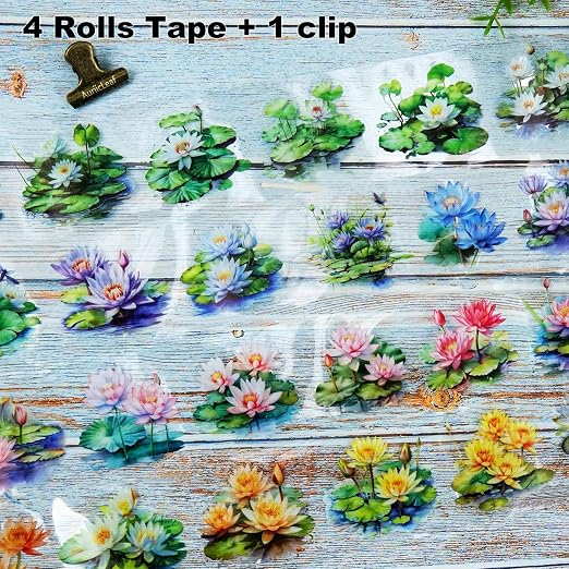 Lotus Pond PET Tape Set, 4 Rolls Pre-Cut Floral Stickers - Image 3