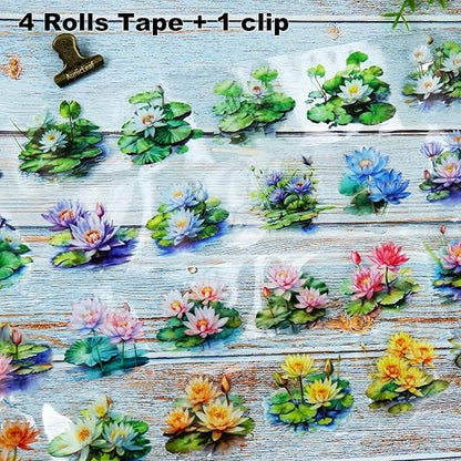 Lotus Pond PET Tape Set, 4 Rolls Pre-Cut Floral Stickers - Image 3