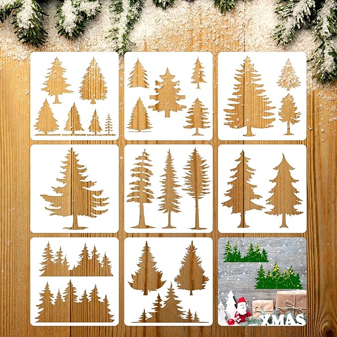 8 Pieces Pine Tree Stencils Art Painting Templates Stencils by Outus