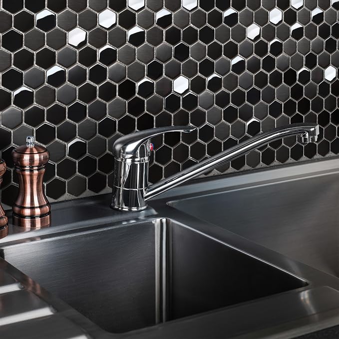 Blujellyfish Hexagon Black Tile Backsplash Metal Mosaic Wall Floor Tiles - Image 2