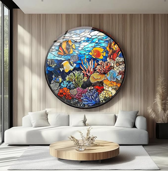 My Photostation.com 10'' Diameter Coral Reef Mosaic Round Glass Wall Art - Image 2
