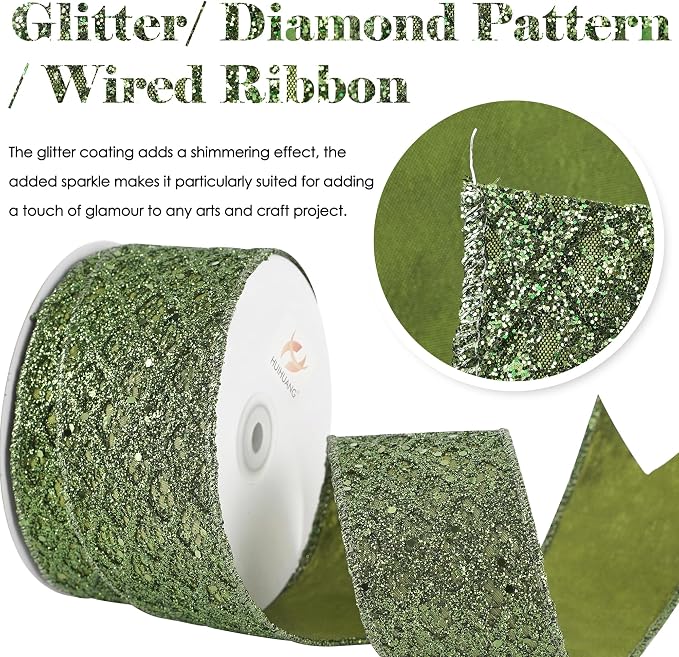 HUIHUANG Moss Green Wired Ribbon - Image 2