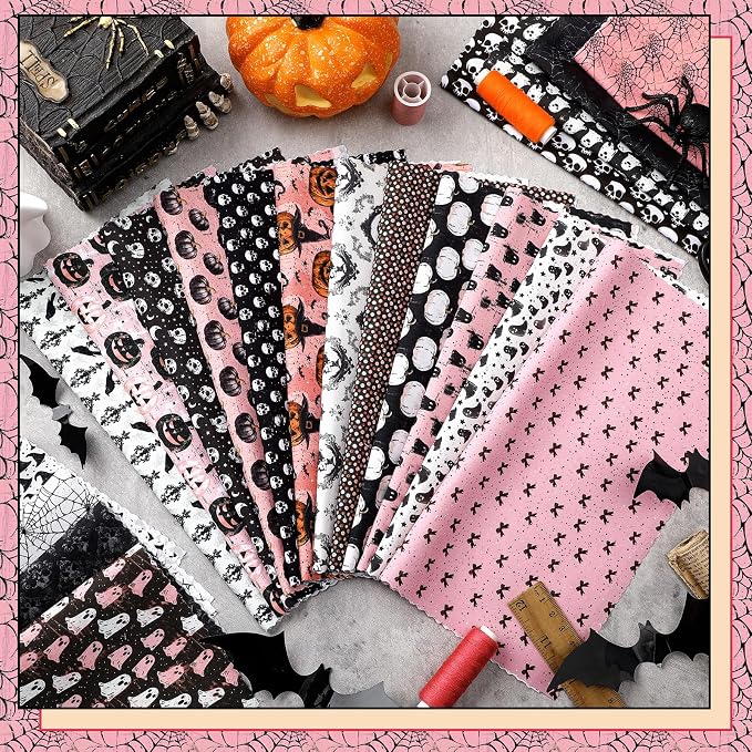 Ganeen 60 Pcs 10 x 10 Inch Pink Halloween Quilting Fabric Squares Vintage Pink - Image 4