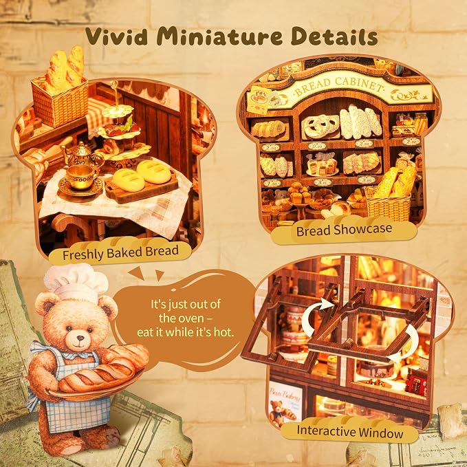 3D Wood Puzzle Bear Bakery LED Dollhouse Book Nook Kit - Image 3