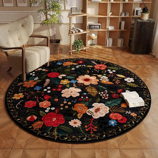 Rugcomf Round Rug 4ft Washable Circle Rug Non Slip Low Pile Boho Floral Small by Rugcomf