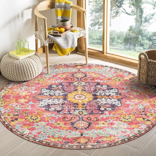 Lahome Bohemian Floral Medallion Round Rug - 4Ft Hot Pink Soft Round Area Rug by Lahome