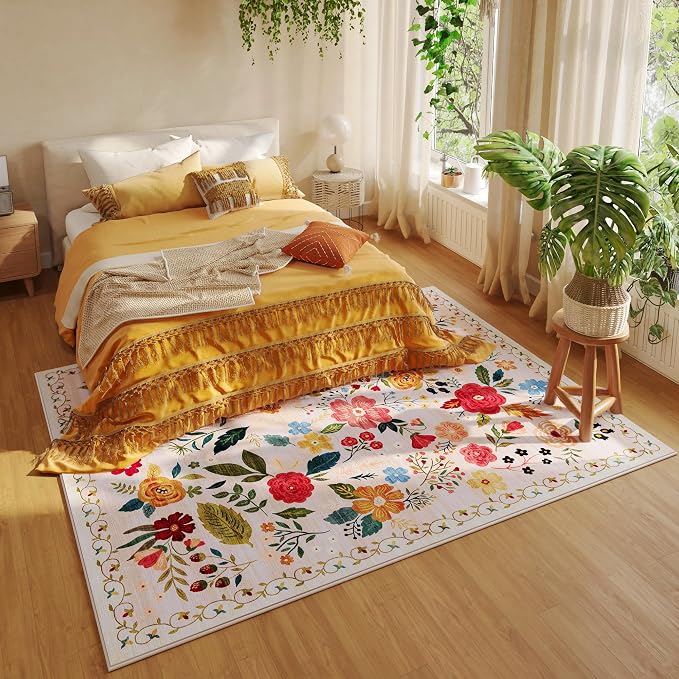 Rugcomf Living Room Rug 5x7 Rug Machine Washable Boho Area Rug Non Slip Floral - Image 4