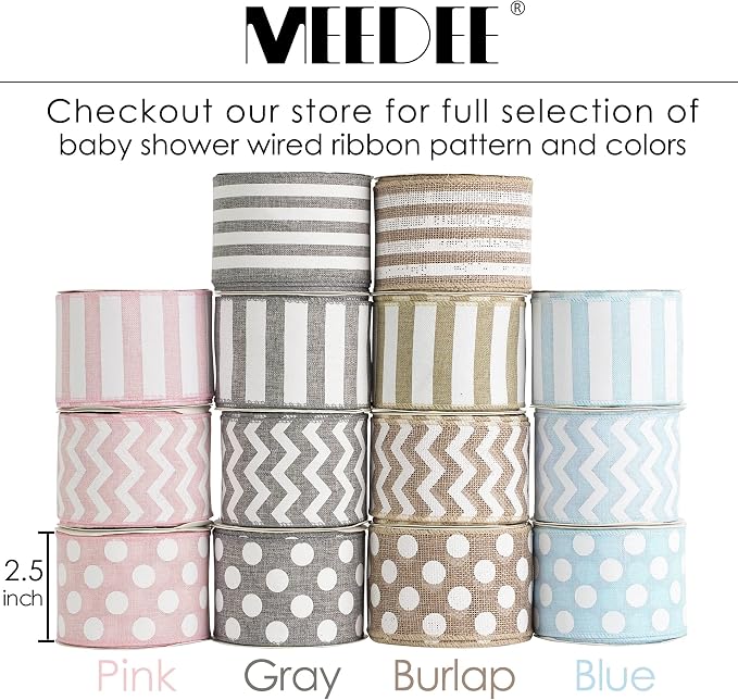MEEDEE Blue White Stripe Ribbon 2.5 Inch Light Blue Wired Ribbon - Image 7