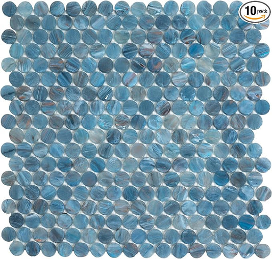 Denim Blue Penny Round Mosaic Glass Tile – 12.2 x 12.2 Inch by Tiletopia
